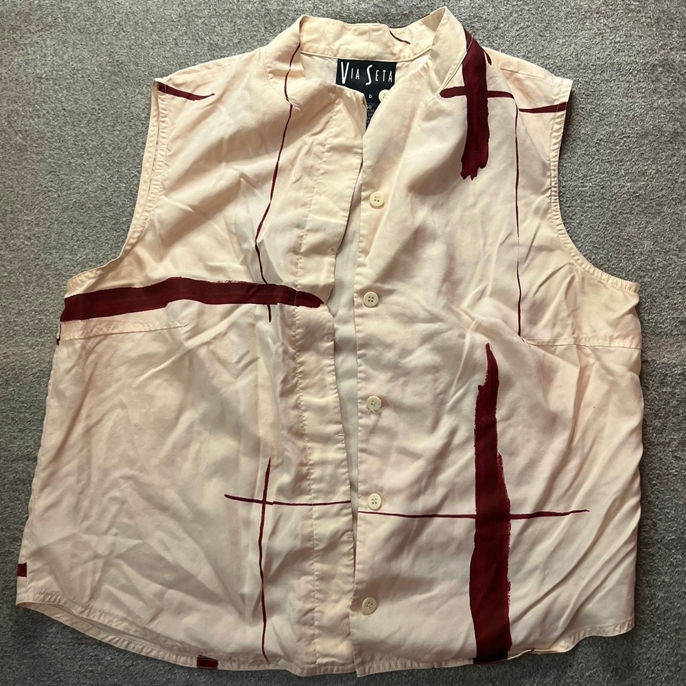 Via Seta Studio Vintage 100% Silk Blouse Abstract Print Sleeveless Cream Red 10